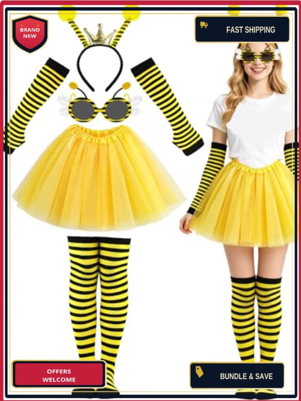 Bee Costume Set Tutu Headband Socks Sunglasses Arm Warmers Cosplay